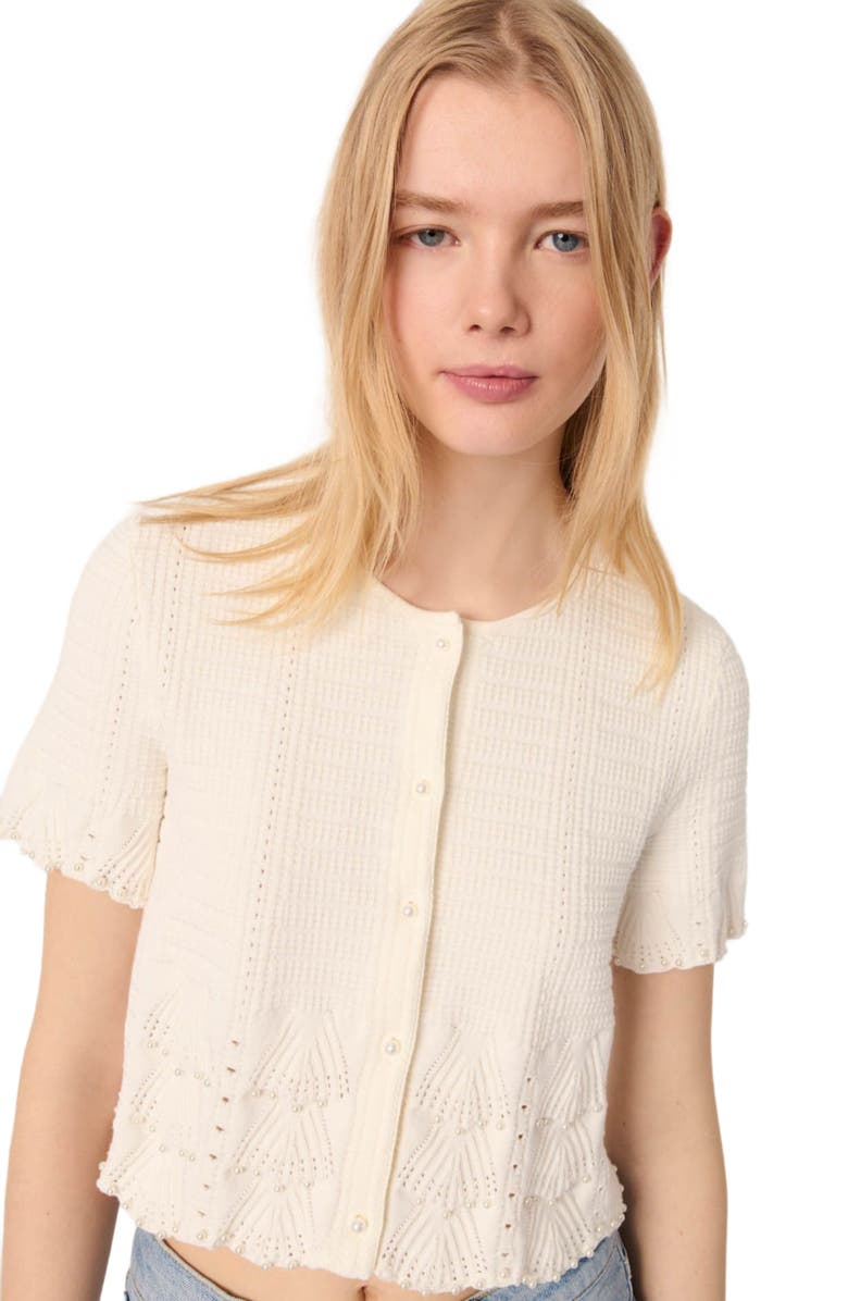 maje Pointelle knit short sleeve cardigan, Alternate, color, White