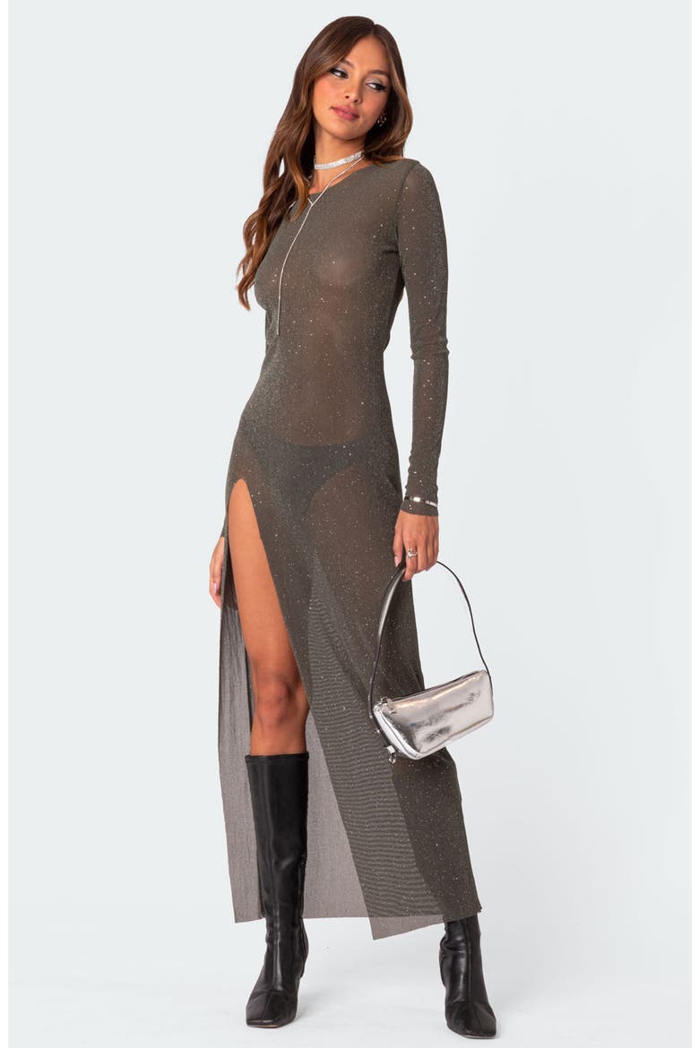 Glitter Side Slit Long Sleeve Mesh Maxi Dress, Alternate, color, OLIVE