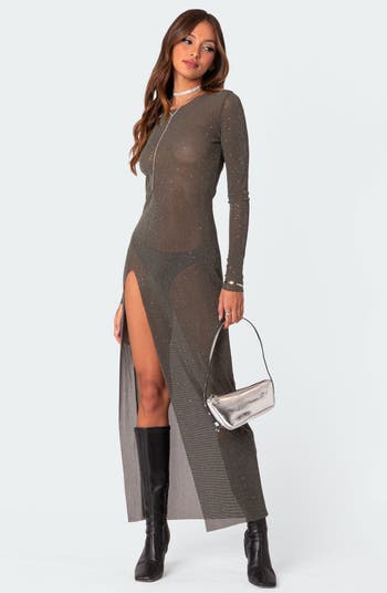 Glitter Side Slit Long Sleeve Mesh Maxi Dress