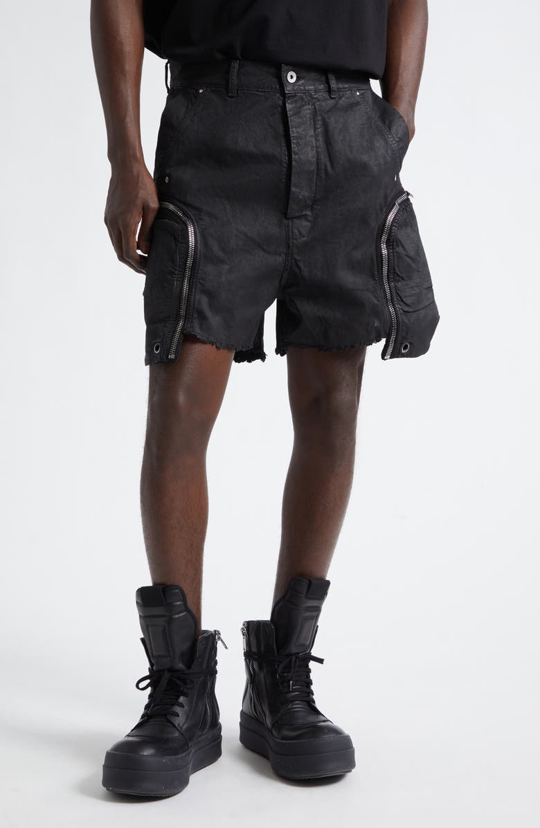 Rick Owens DRKSHDW Bauhaus Frayed Denim Shorts, Main, color, Black