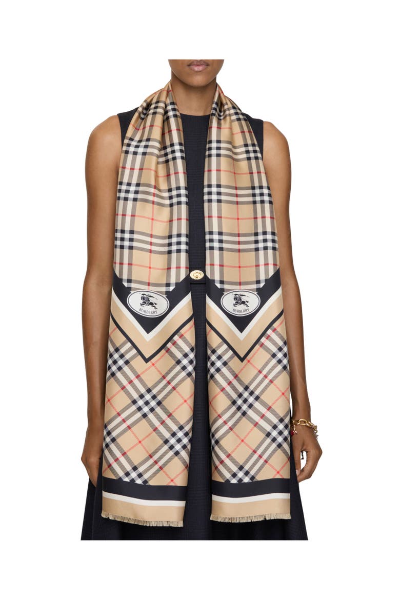 Check Knight Stamp Silk Scarf, Alternate, color, Sand beige