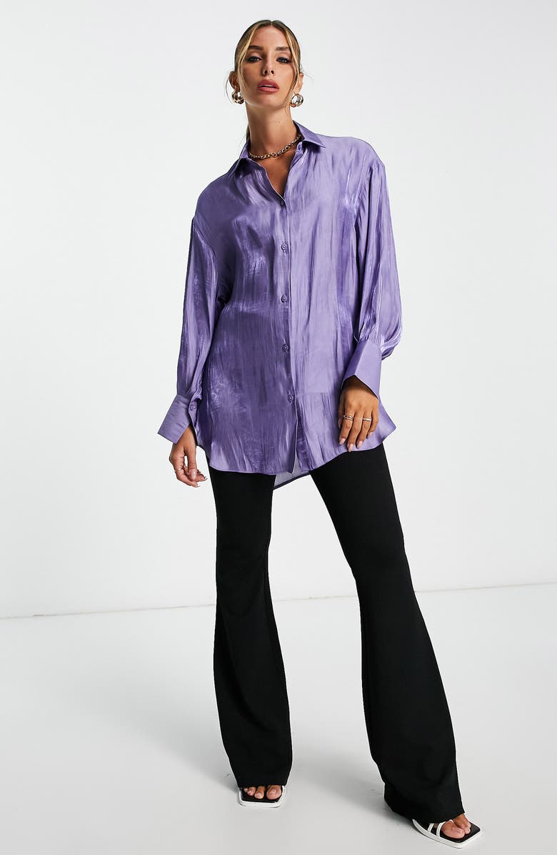 ASOS DESIGN Oversize Metallic Button-Up Shirt, Alternate, color, Purple