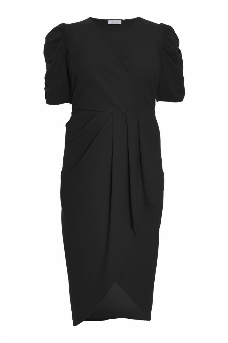 Wrap Pleated Ruched Sleeve Midi Dress, Alternate, color, Black