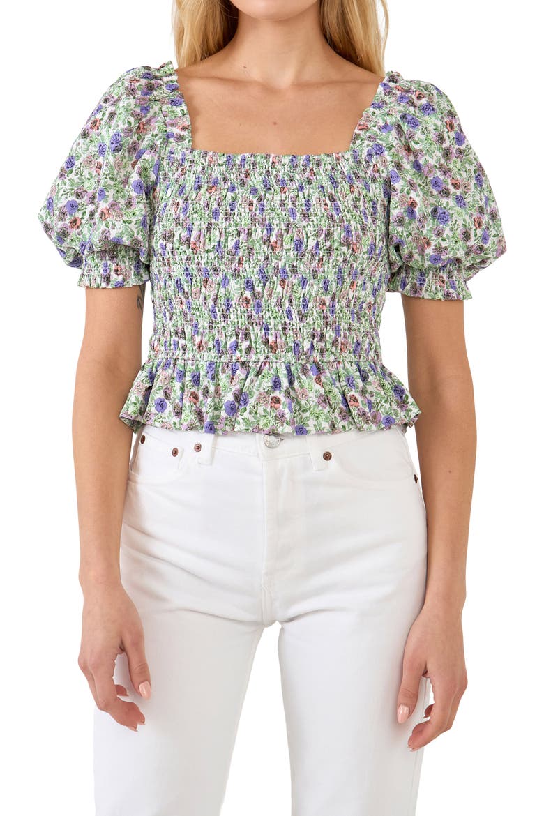 Floral Smocked Puff Sleeve Top, Main, color, IVORY/ PURPLE