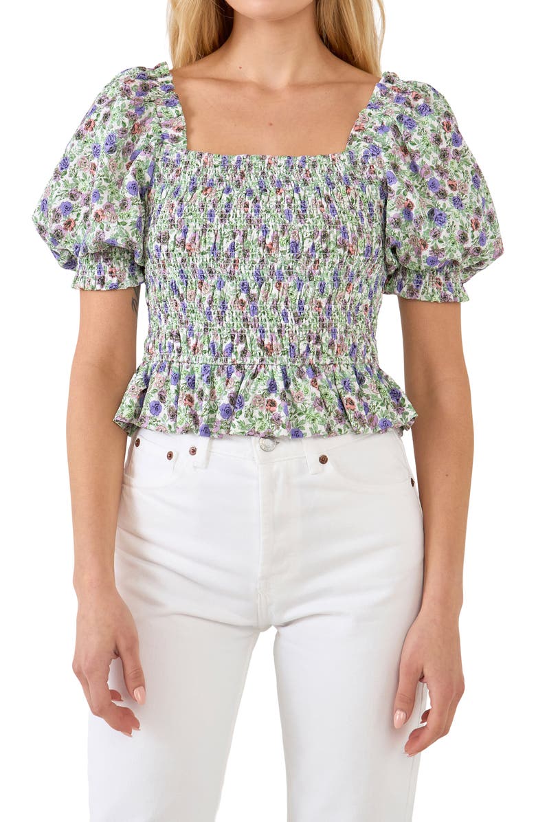 Endless Rose Floral Smocked Puff Sleeve Top, Main, color, Ivory/ Purple