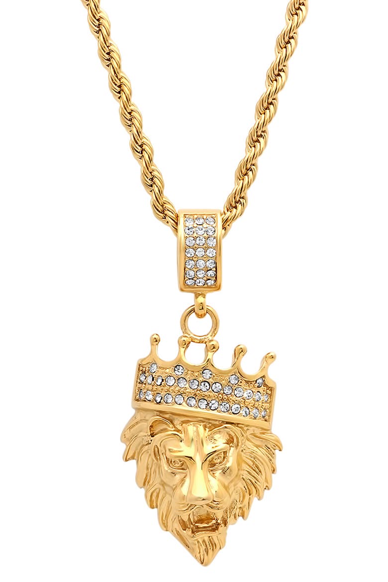 Men's 18K Gold Plated Stainless Steel Pave King Lion Pendant Necklace, Main, color, YELLOW