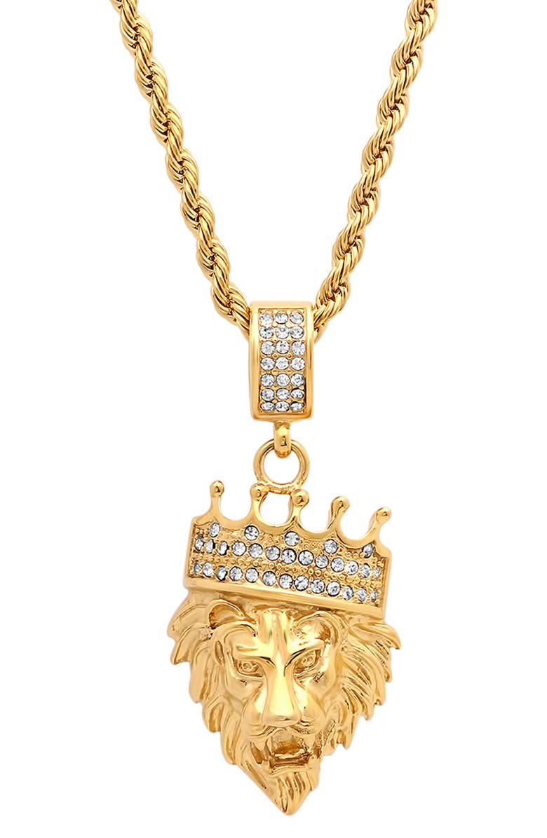 HMY JEWELRY Men's 18K Gold Plated Stainless Steel Pave King Lion Pendant Necklace, Main, color, Yellow