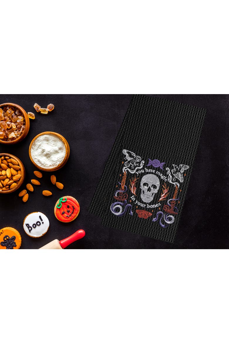 Magic In Your Bones Skull Halloween Embroidered Cotton Waffle Weave Kitchen Towel, Alternate, color, Black
