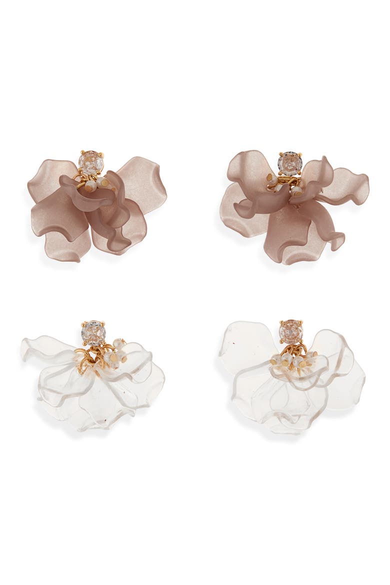 Set of 2 Crystal & Faux Pearl Shakey Petal Drop Earrings, Main, color, GREY CLEAR
