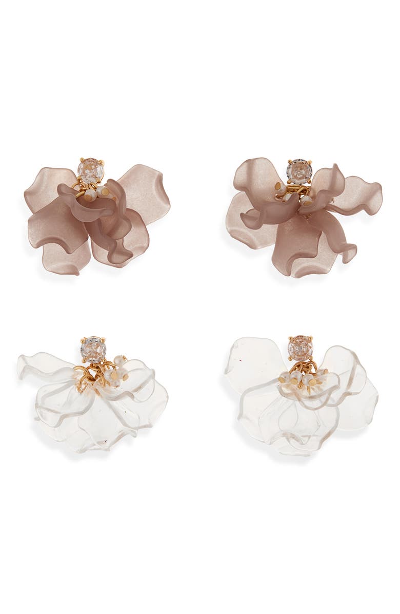 Tasha Set of 2 Crystal & Faux Pearl Shakey Petal Drop Earrings, Main, color, Clear/ Grey