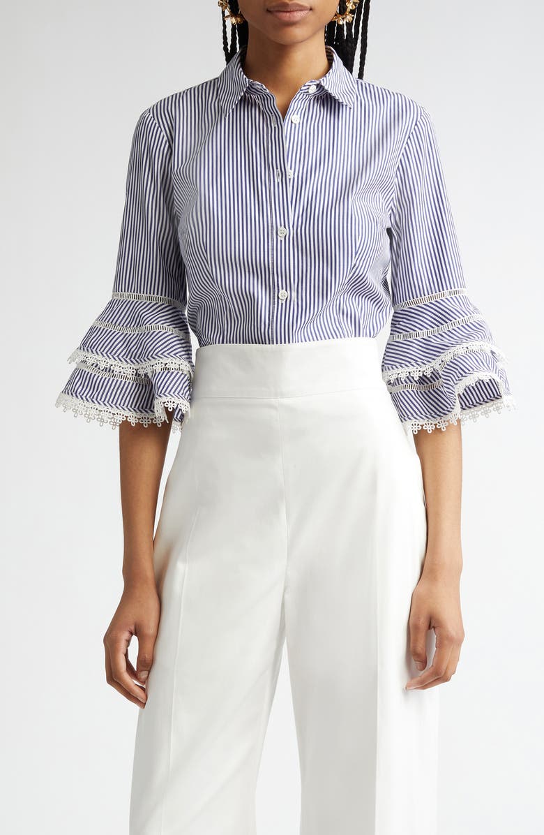 Carolina Herrera Stripe Tiered Ruffle Sleeve Belted Poplin Shirtdress, Main, color, White/ Blue