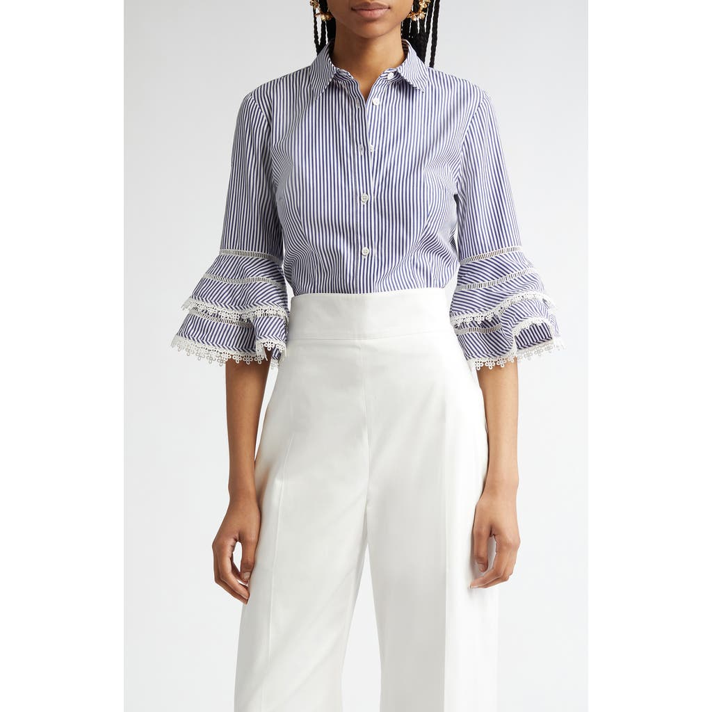 Shop Carolina Herrera Stripe Tiered Ruffle Sleeve Belted Poplin Shirtdress In White/blue