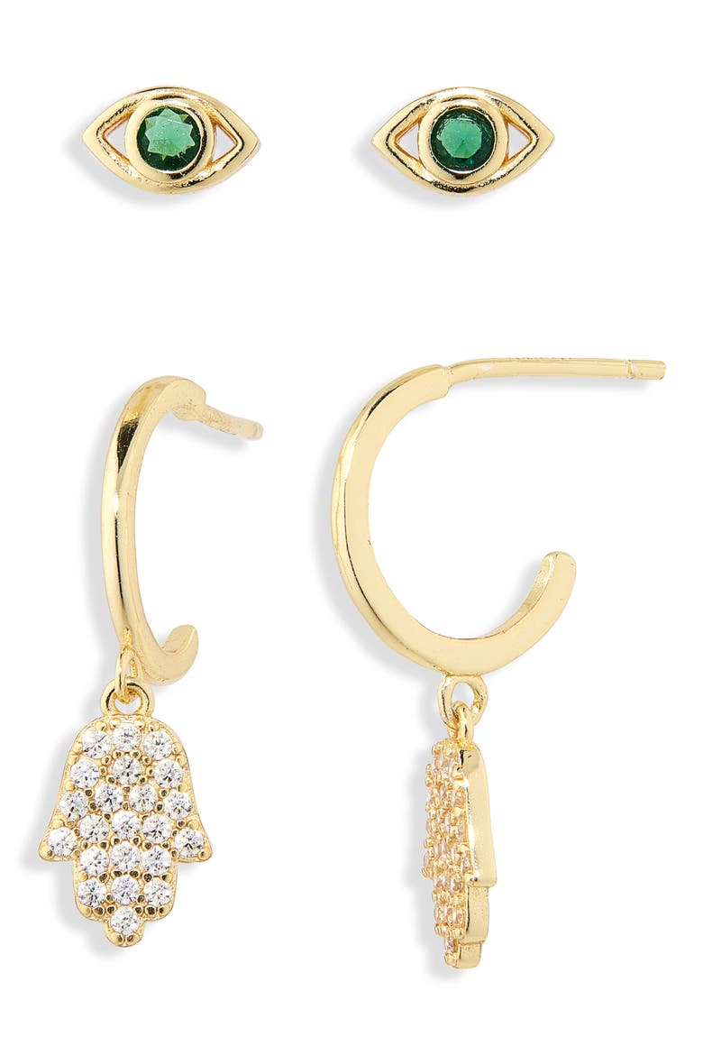 Evil Eye Stud & Hamsa Drop Earrings Set, Main, color, GOLD/ GREEN