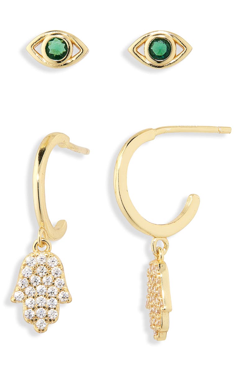 ARGENTO VIVO Evil Eye Stud & Hamsa Drop Earrings Set, Main, color, Gold/ Green