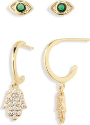 ARGENTO VIVO Evil Eye Stud & Hamsa Drop Earrings Set