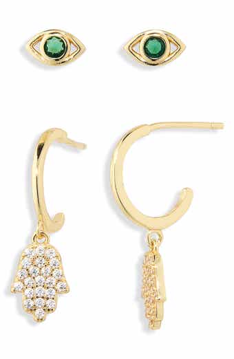 Evil Eye Stud & Hamsa Drop Earrings Set
