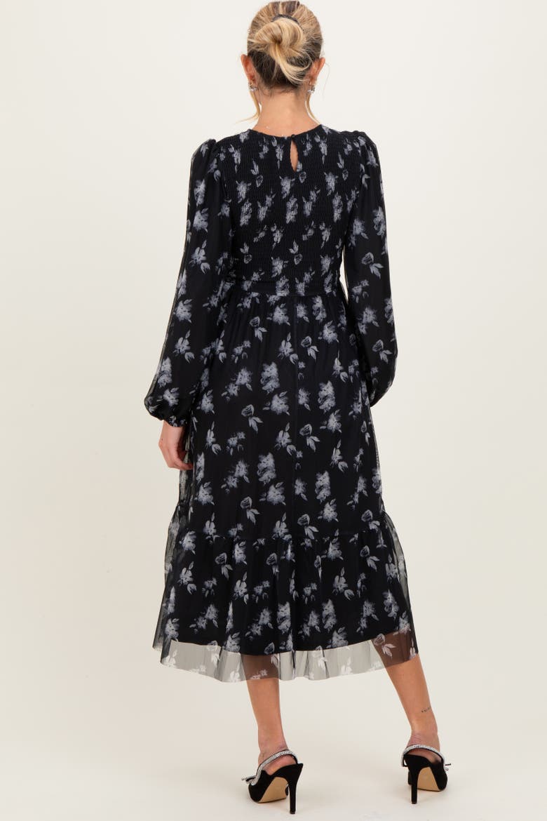 Floral Mesh Smocked Midi Dress, Alternate, color, Black