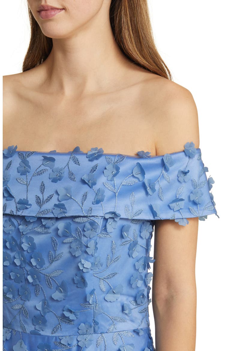 Floral Appliqué Off the Shoulder Midi Cocktail Dress, Alternate, color, SLATE