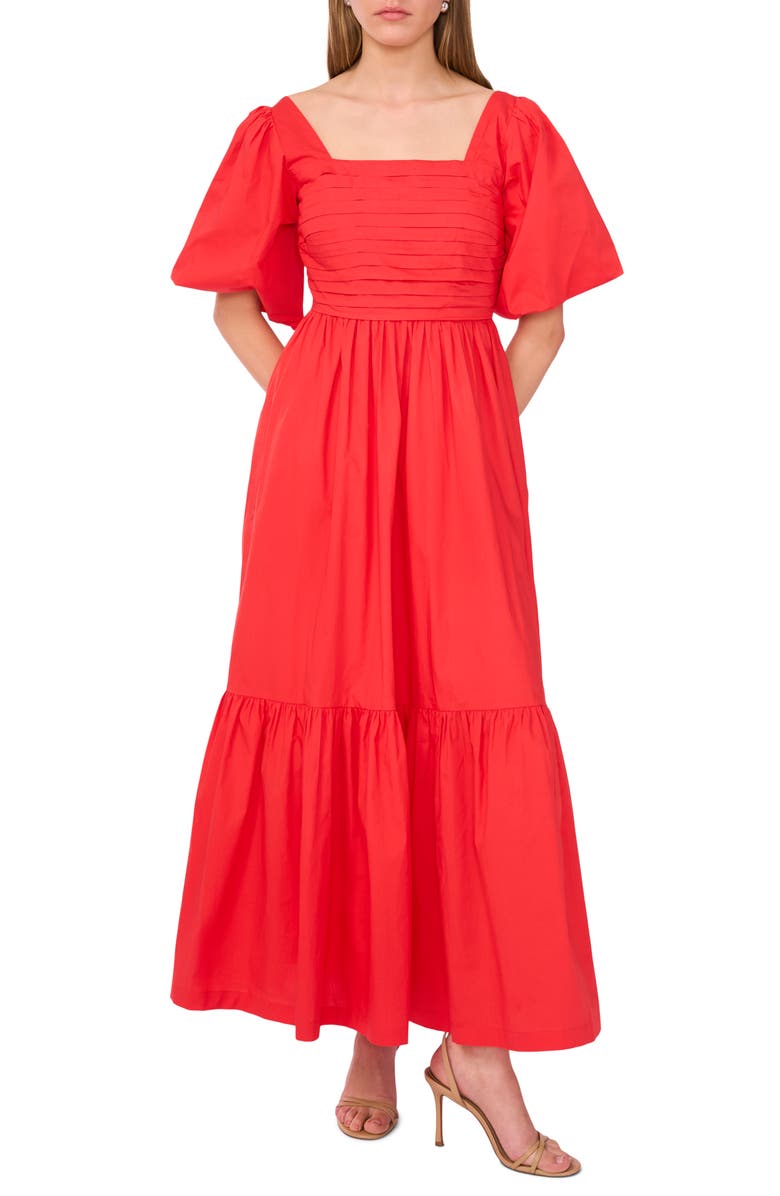 CeCe Pleated Bodice Puff Sleeve Cotton Maxi Dress, Main, color, Deep Rouge