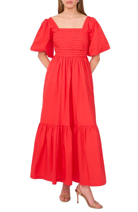 Pleated Bodice Puff Sleeve Cotton Maxi Dress