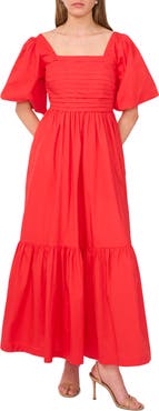 CeCe Pleated Bodice Puff Sleeve Cotton Maxi Dress
