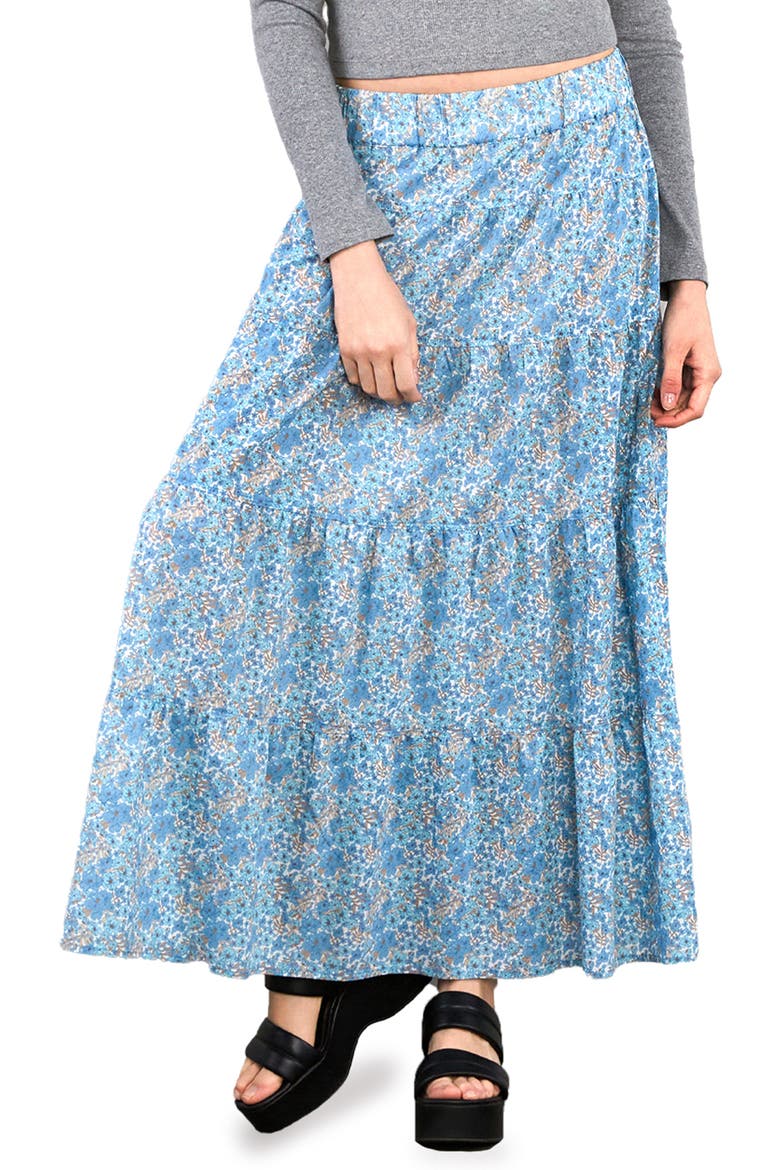Wild Floral Tiered Cotton Blend Maxi Skirt, Main, color, COOL BLOOM