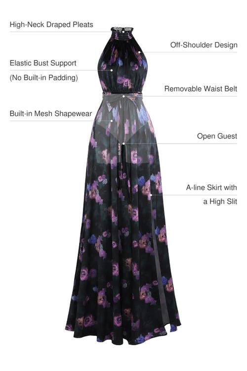 Popilush Draped High Neck Sculpting Floral-print Maxi Dress In Blue