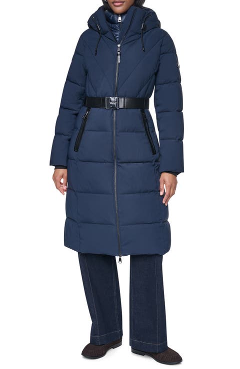 Water Resistant Belted Long Puffer Coat with Bib