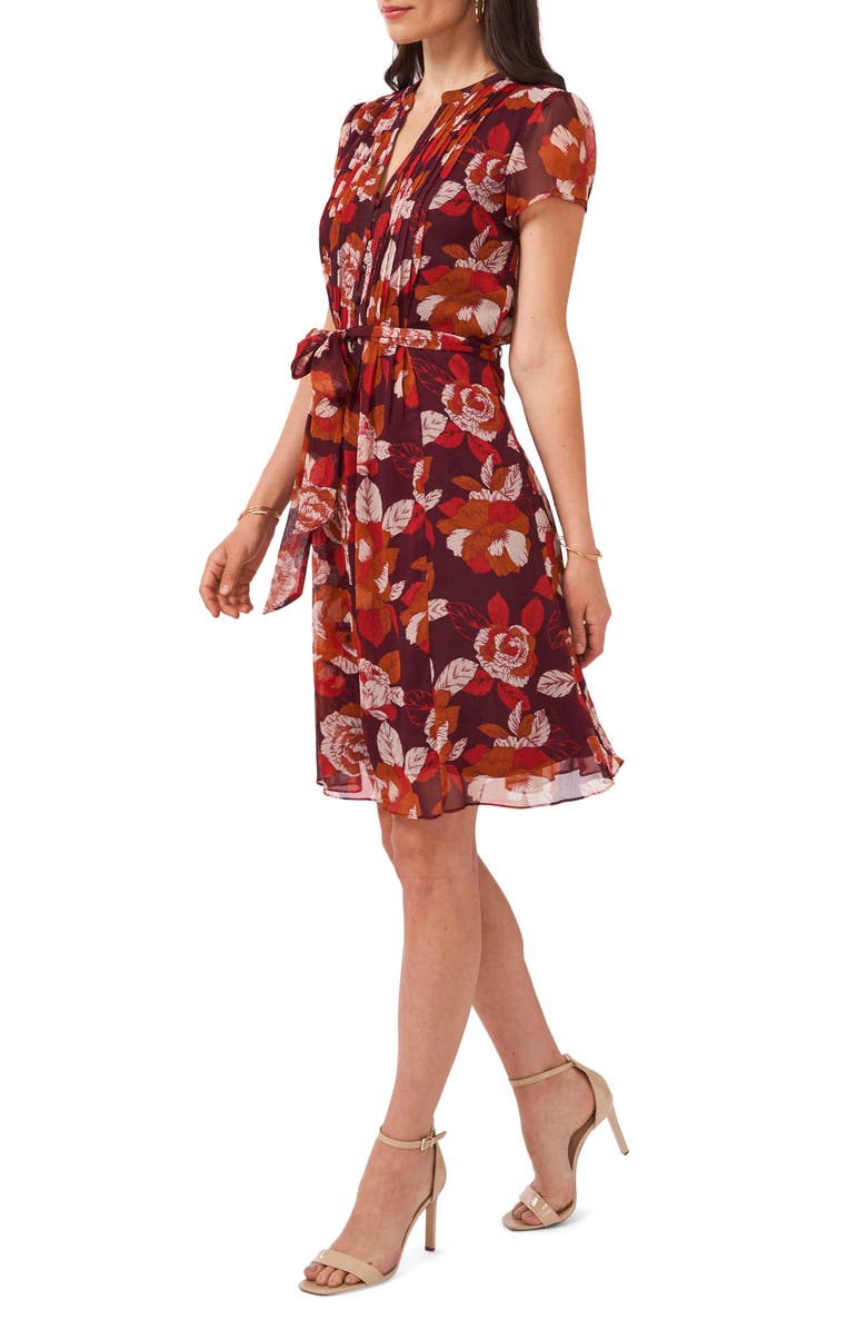 Chaus Pleated Floral Print Tie Waist Dress, Alternate, color, Wine