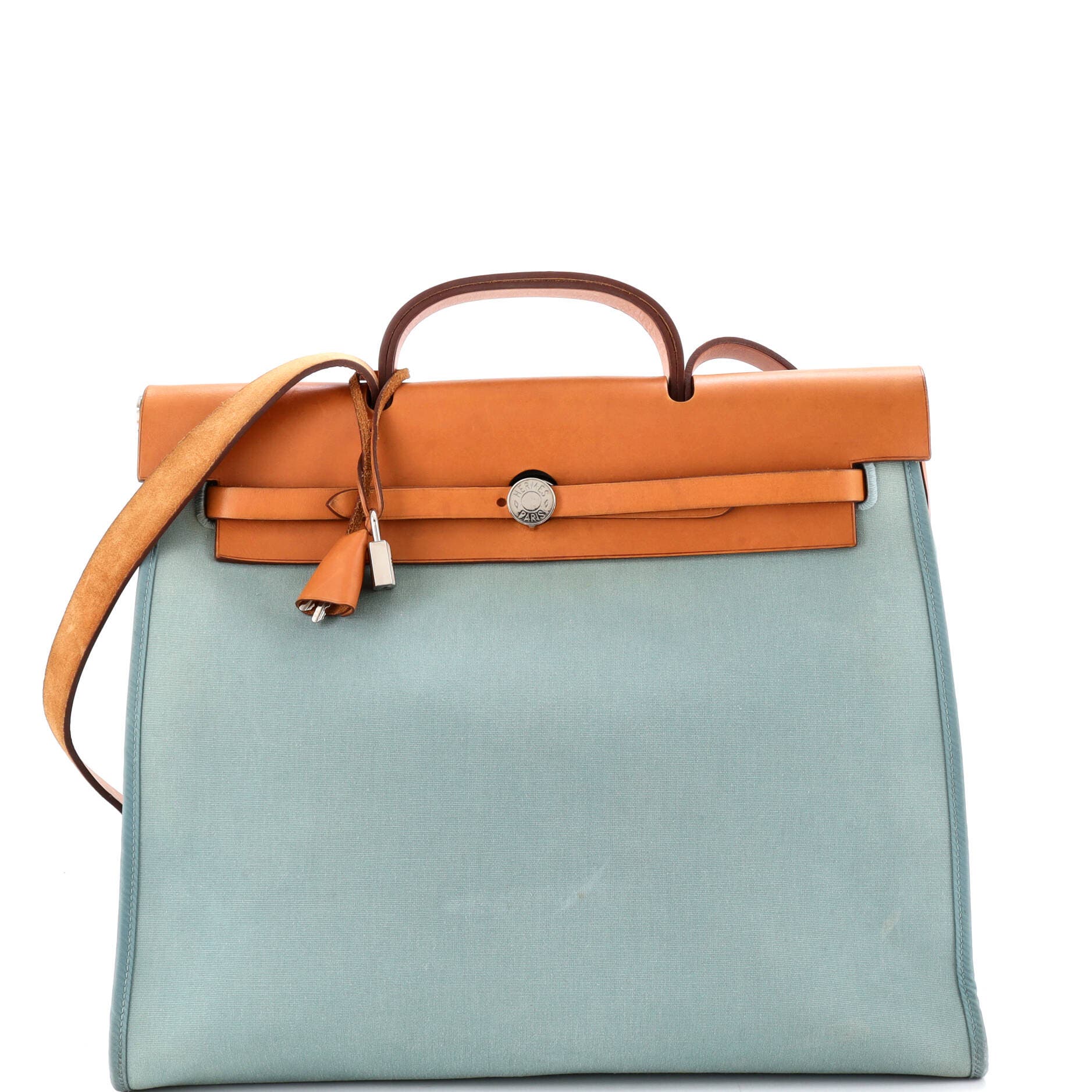 Pre-Owned Hermes Herbag Zip Leather and Toile 39, Main, color, Ciel