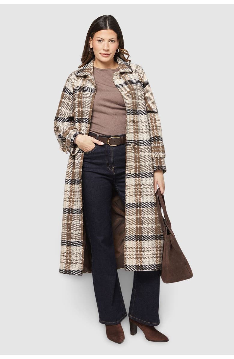 Wallis Button Through Check Coat, Alternate, color, Brown