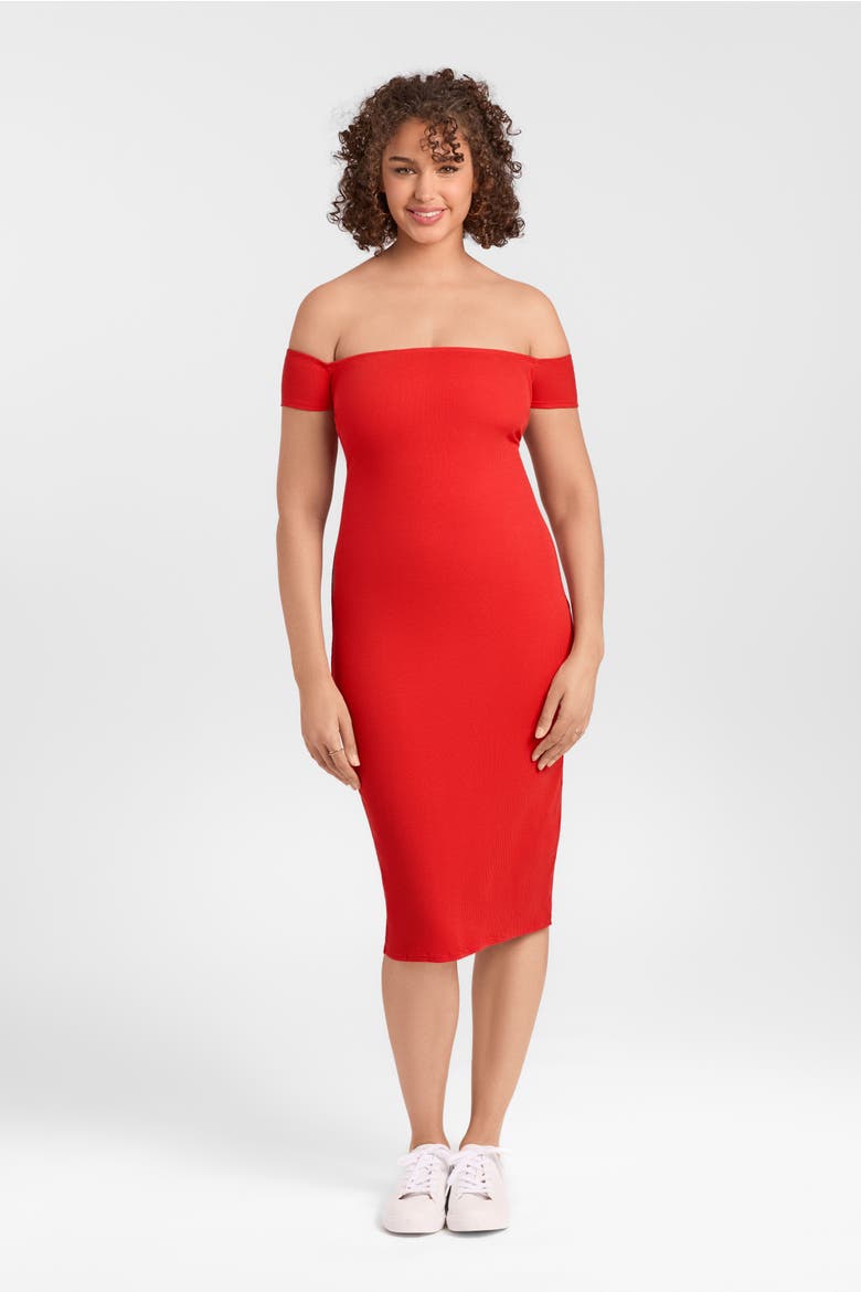 Sculpting Shapewear Rib Straight Neck Off The Shoulder Midi Dress, Main, color, Scarlet Rib
