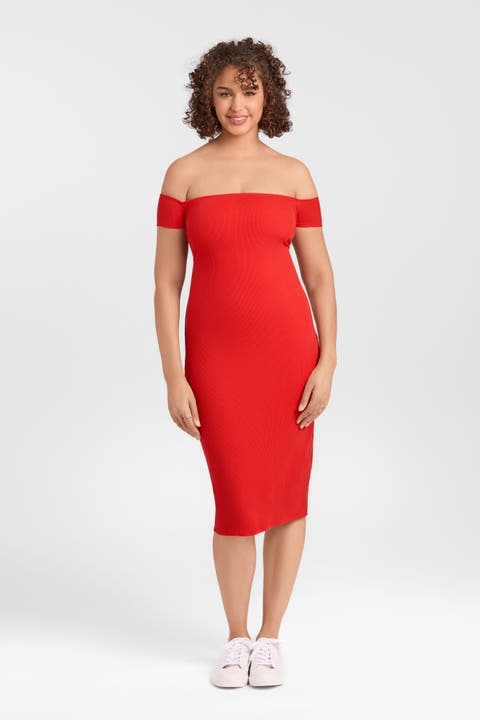Sculpting Shapewear Rib Straight Neck Off The Shoulder Midi Dress