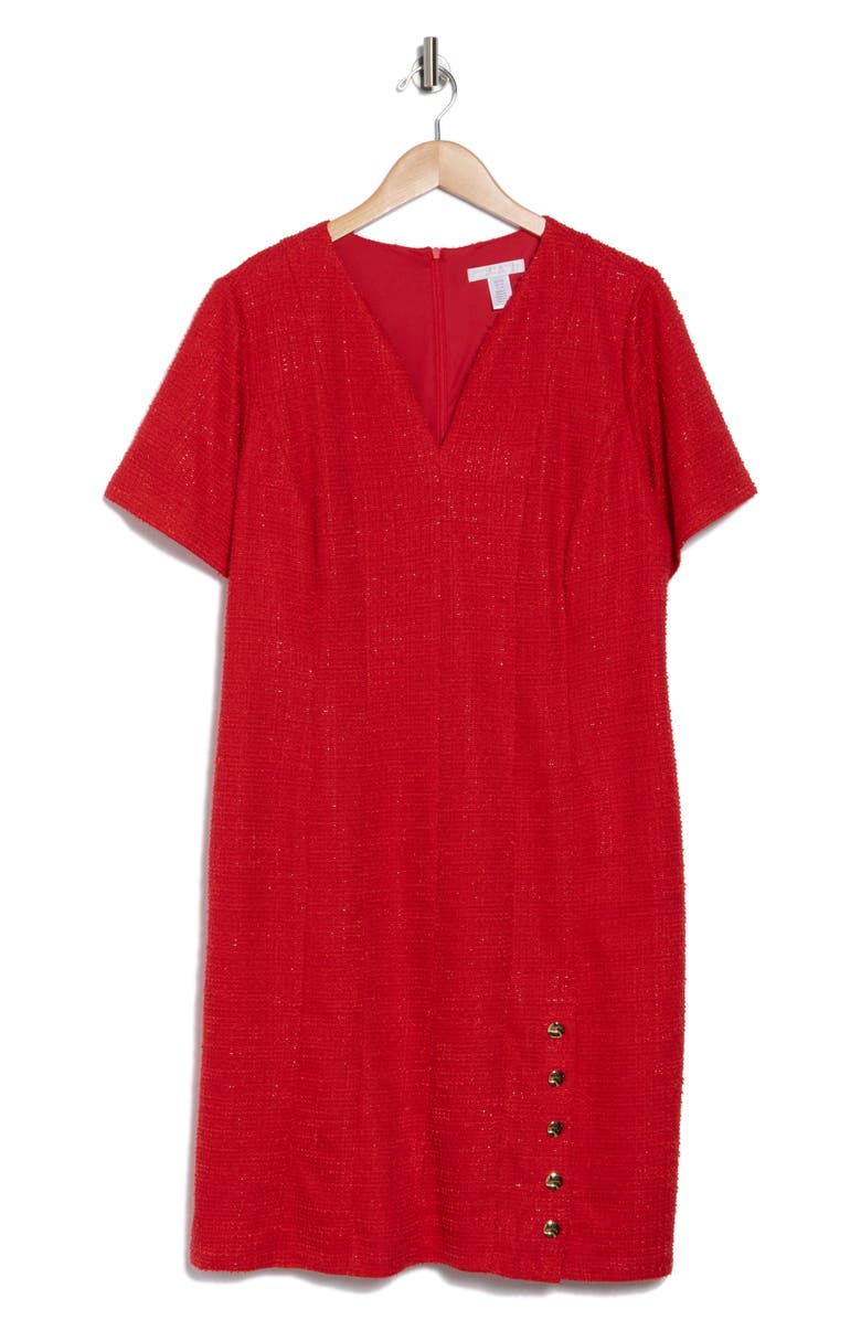 London Times Short Sleeve Side Button Bouclé Sheath Dress, Alternate, color, Red