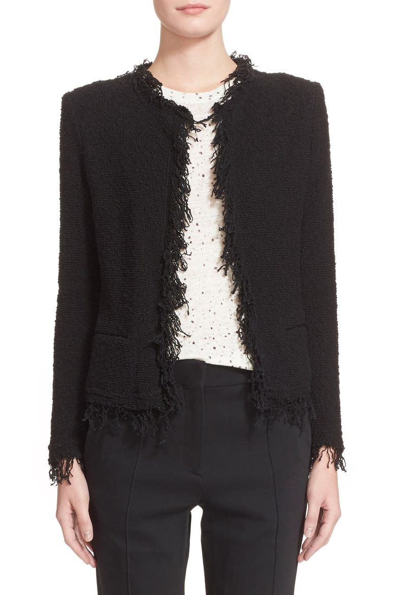 Fringe Trim Open Jacket, Main, color, BLACK