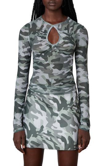 Nia Keyhole Mesh Long Sleeve Top In Green