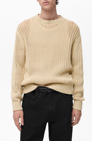 Mango Oversize Openwork Cotton Crewneck Sweater In Neutral