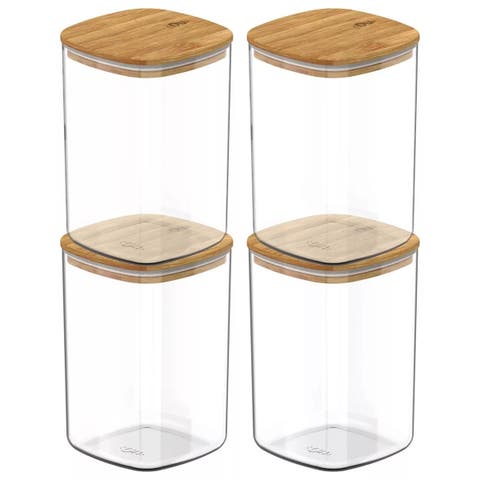 Clear Stackable Airtight Food Storage Container Set with Wood Lid 8 Piece (4 Jars + 4 Lids)