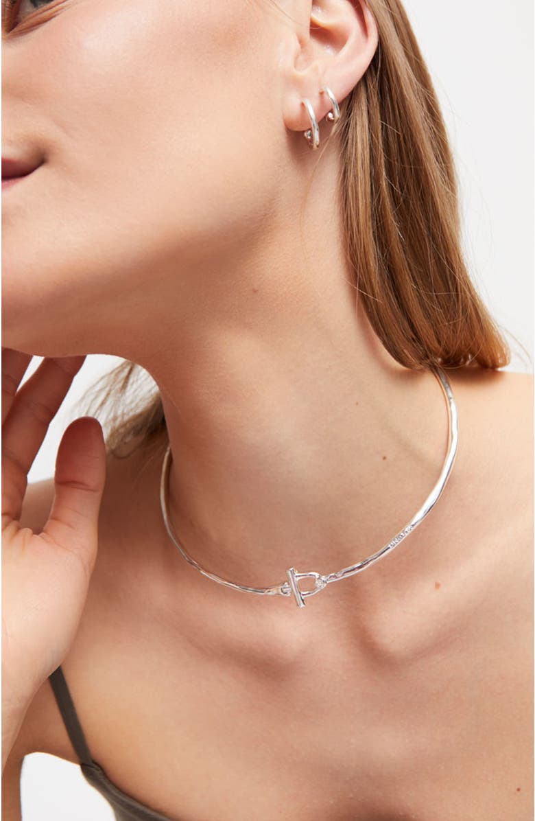 UNODE50 Rigid Necklace With Front Clasp Plated In Sterling Silver With White Topaz, Alternate, color, Metallic Silver