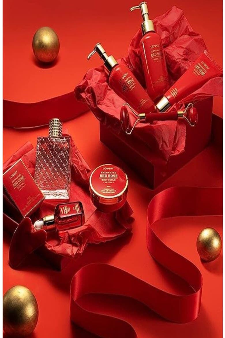 Luxe 11Pc Bath and Body Set with Perfume, Jade Roller, Gua Sha & More, Alternate, color, Red Rose / Gold