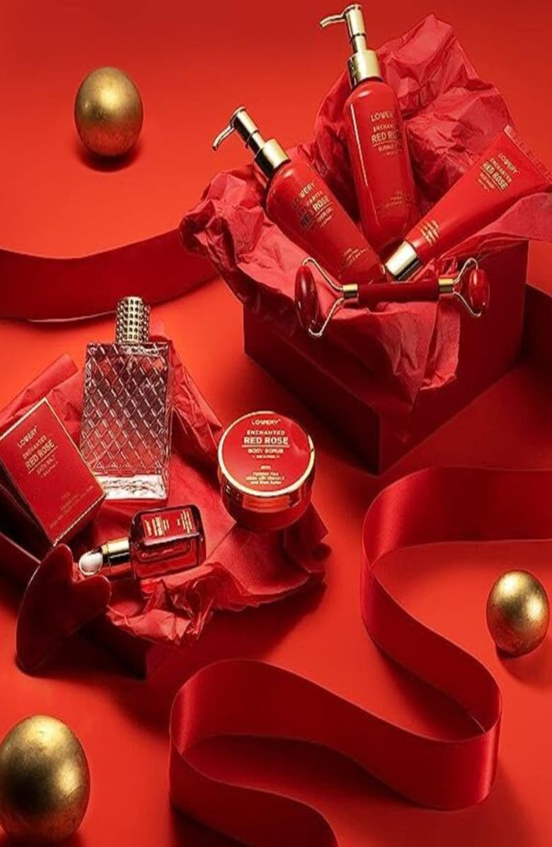 Lovery Luxe 11Pc Bath and Body Set with Perfume, Jade Roller, Gua Sha & More, Alternate, color, Red Rose / Gold