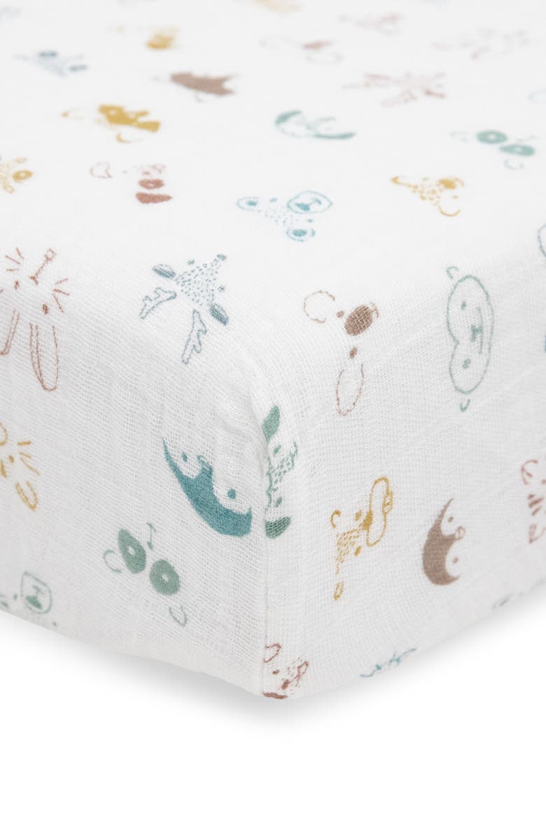 little unicorn Cotton Muslin Crib Sheet, Alternate, color, Animal Crowd