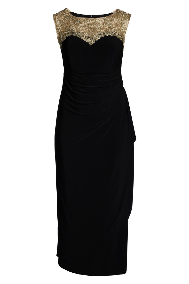 Embroidered Side Ruched Gown, Alternate, color, BLACK GOLD