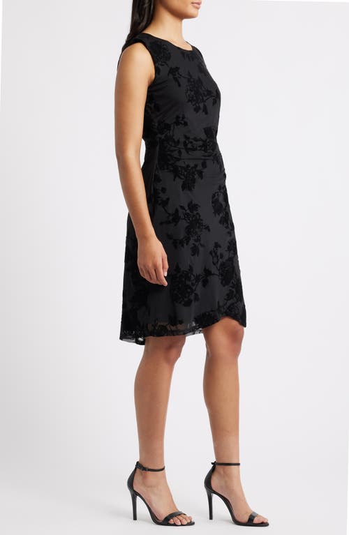 Connected Apparel Flocked Faux Wrap Dress In Black