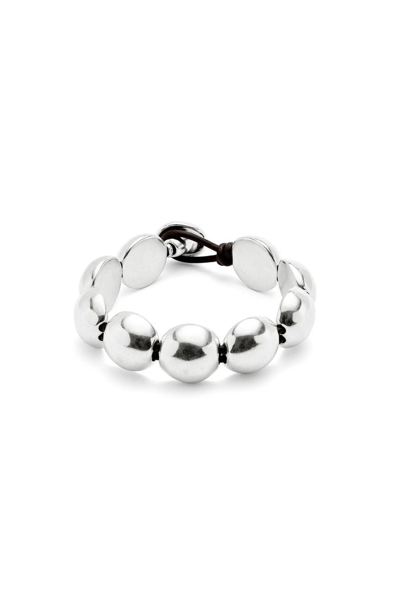 Beaded Leather Curve Bracelet, Main, color, Silver