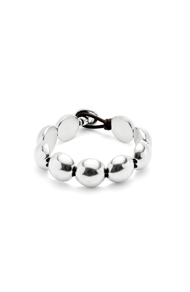 UNODE50 Beaded Leather Curve Bracelet, Main, color, Silver