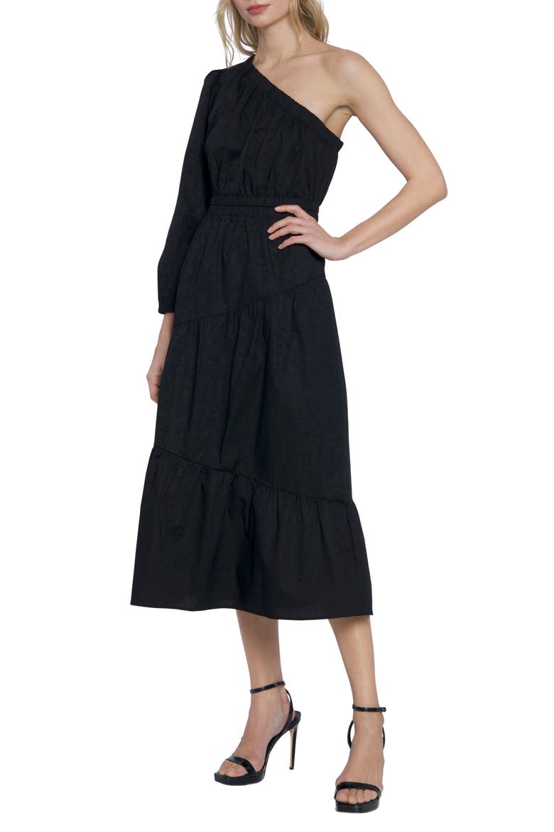 One-Shoulder Puff Sleeve Stretch Cotton Midi Dress, Alternate, color, BLACK