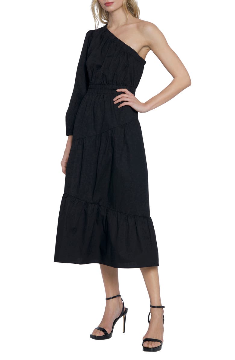 Donna Morgan One-Shoulder Puff Sleeve Stretch Cotton Midi Dress, Alternate, color, Black
