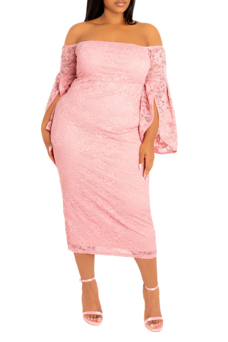Lace Off-the-Shoulder Midi Dress, Main, color, MAUVE