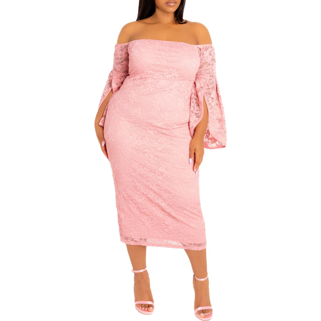 Shop Buxom Couture Lace Off-the-shoulder Midi Dress In Mauve